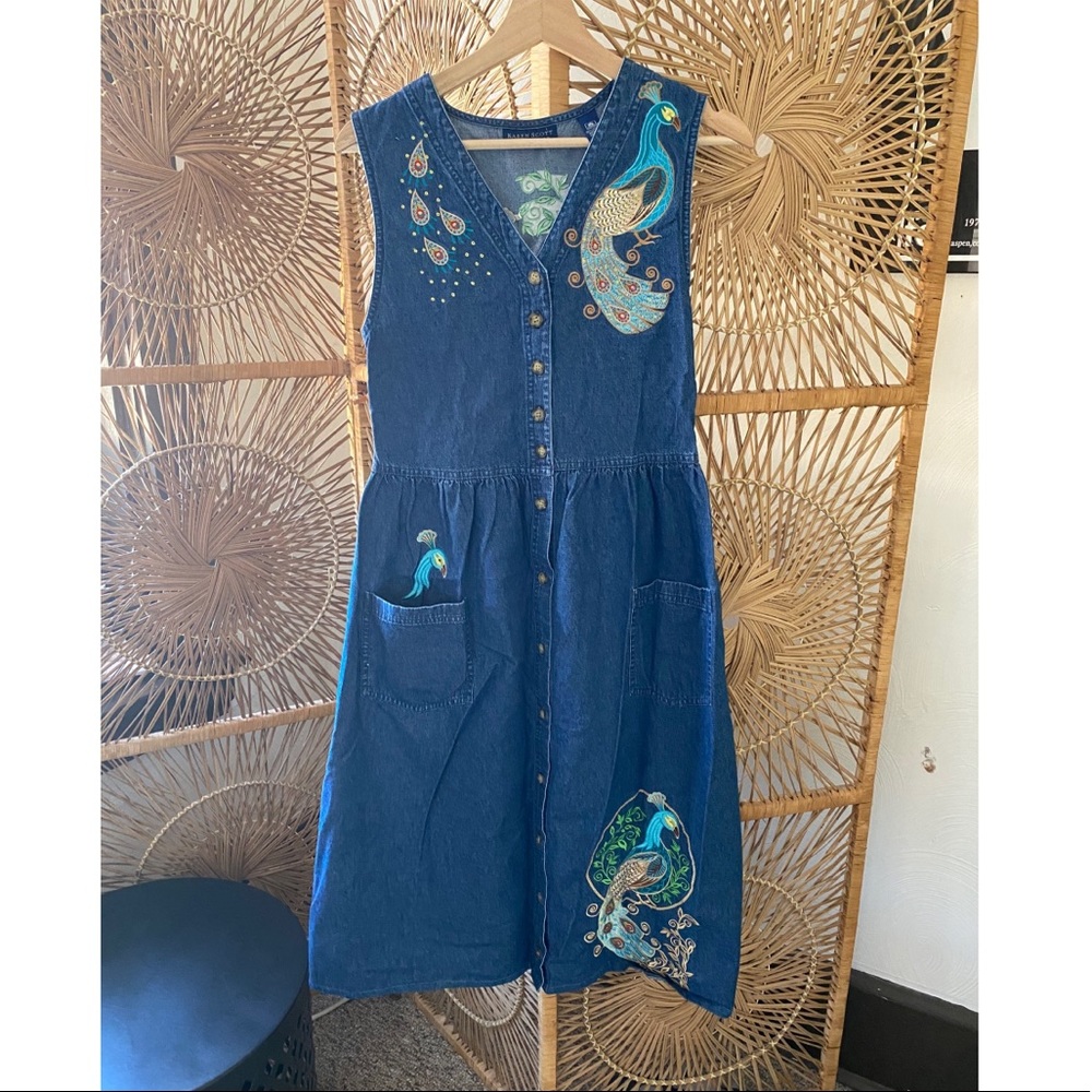 Vintage denim midi dress with embroidered peacocks